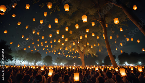 A crowd of people is releasing glowing lanterns into the sky in celebration of Vesak Day. photo