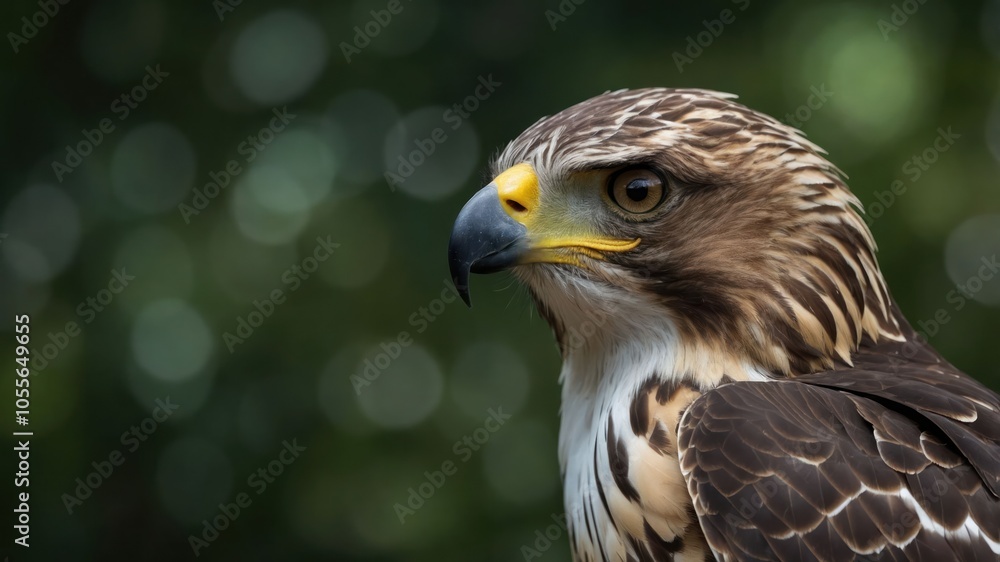 A close-up of a hawk showcasing its detailed feathers and piercing eyes. A close-up of a hawk showcasing its detailed feathers and piercing eyes.