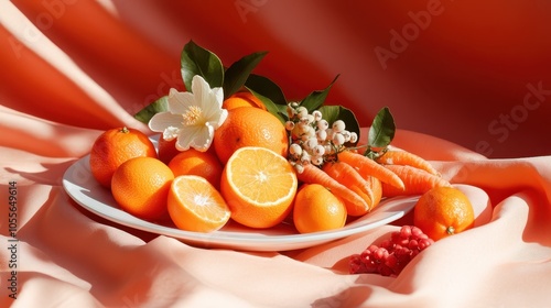 A graceful presentation of oranges, tangerines, and carrots on a white plate, accentuated by blossoms and a red backdrop, showcasing freshness and vitality. photo