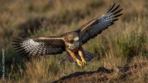 A hawk in mid-flight, showcasing its wingspan and hunting prowess in a natural setting.