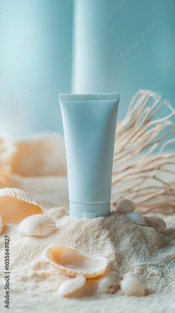 Minimalist skincare product mockup on sand with seashells for summer design Minimalist skincare product mockup on sand with seashells for summer design