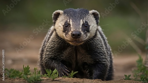 A close-up of a badger in a natural setting, showcasing its features and environment.