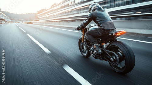 Motorcyclist in black leather gear riding a high-performance motorcycle at high speed on a highway, with motion blur effect and evening lighting. photo