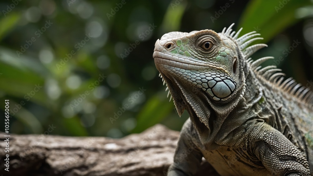 A close-up of a green iguana resting on a branch amidst lush foliage. A close-up of a green iguana resting on a branch amidst lush foliage.
