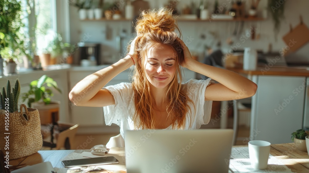 A smiling woman enjoys natural light in a cozy kitchen, surrounded by plants, exemplifying tranquility, peace, and balance in a comfortable home environment. A smiling woman enjoys natural light in a cozy kitchen, surrounded by plants, exemplifying tranquility, peace, and balance in a comfortable home environment.