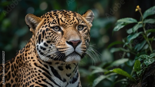 A close-up of a jaguar in a lush, green environment, showcasing its striking features.