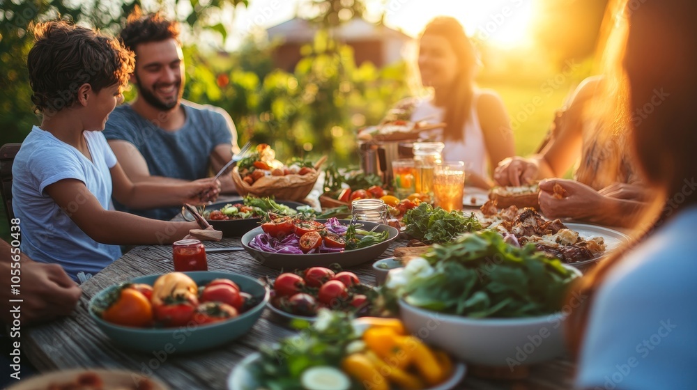 Sunset Supper: Family Enjoying Fresh Outdoor Meal in Soft Summer Light Sunset Supper: Family Enjoying Fresh Outdoor Meal in Soft Summer Light