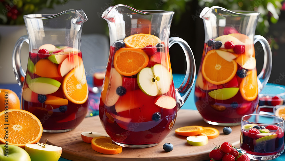 A vibrant sangria filled with mixed fruits like oranges, apples, and berries in a tall glass pitcher. A vibrant sangria filled with mixed fruits like oranges, apples, and berries in a tall glass pitcher.