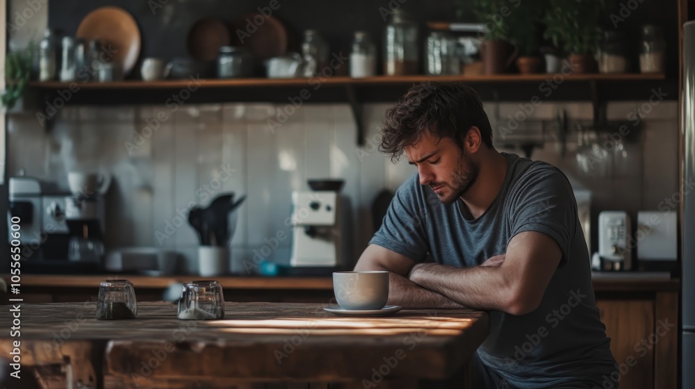 Serene Morning Ritual - Man Enjoying Coffee in Cozy Rustic Kitchen with Soft Natural Light and Dynamic Composition Serene Morning Ritual - Man Enjoying Coffee in Cozy Rustic Kitchen with Soft Natural Light and Dynamic Composition