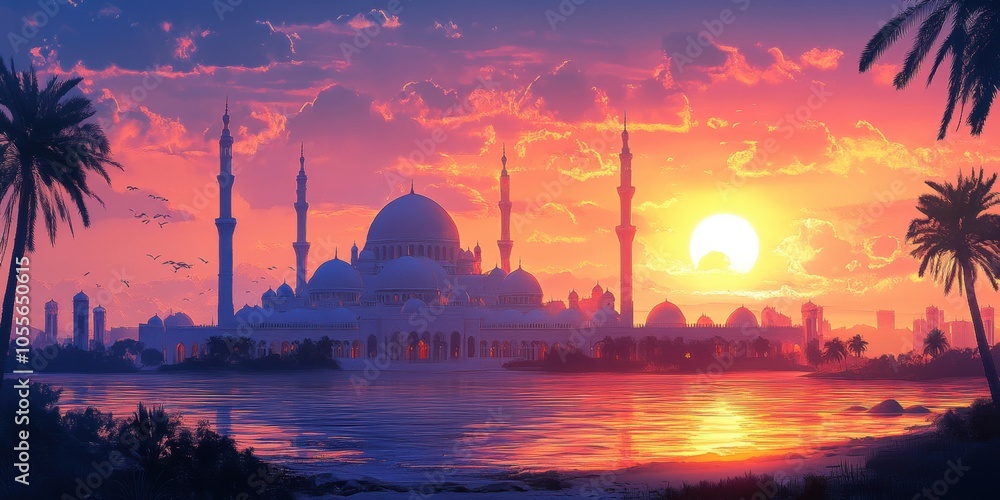Fototapeta premium White mosque silhouette against sunset sky.