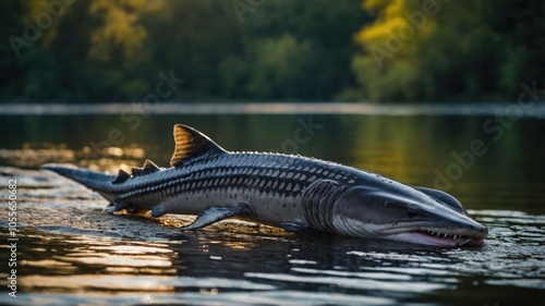 A sturgeon swims gracefully in a calm river at sunset, showcasing its unique features. photo