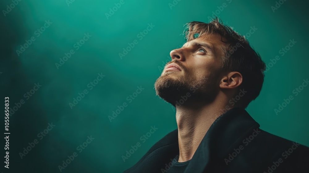 An evocative portrait of a man looking thoughtfully upwards, textured by a smoky green backdrop which heightens its intense introspective quality. An evocative portrait of a man looking thoughtfully upwards, textured by a smoky green backdrop which heightens its intense introspective quality.