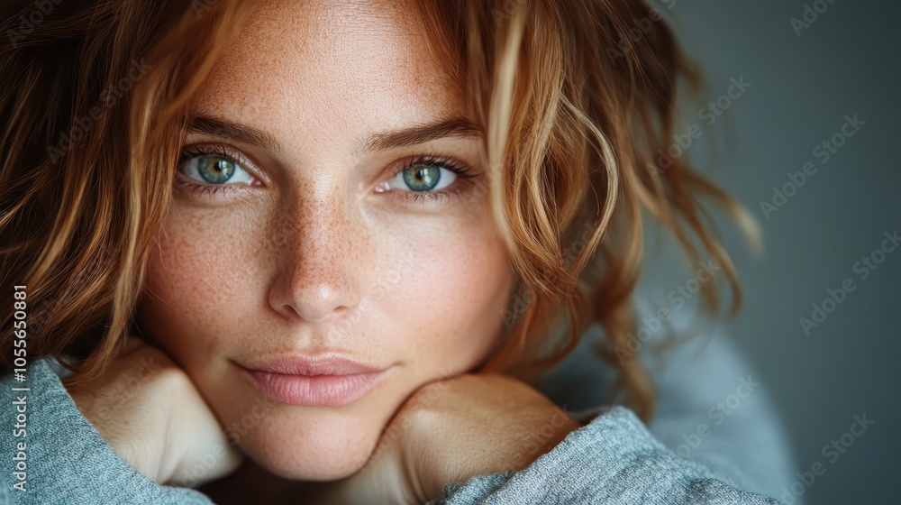 A young woman with tousled hair rests her chin in her hands while gazing confidently towards the camera. Her freckles and natural look are highlighted beautifully. A young woman with tousled hair rests her chin in her hands while gazing confidently towards the camera. Her freckles and natural look are highlighted beautifully.
