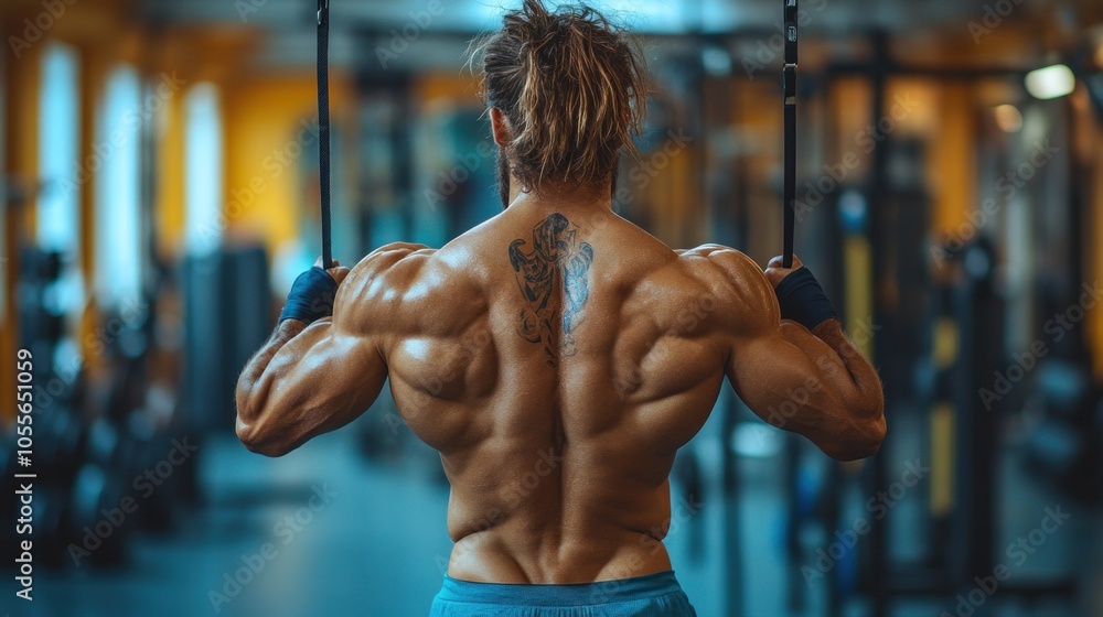 A muscular man with a long ponytail and a tattoo on his back performs a pull-up exercise on gym rings. A muscular man with a long ponytail and a tattoo on his back performs a pull-up exercise on gym rings.