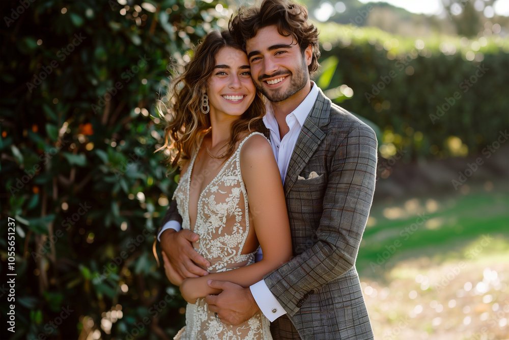 Fototapeta premium Loving couple embracing in a natural outdoor setting. Generative AI image