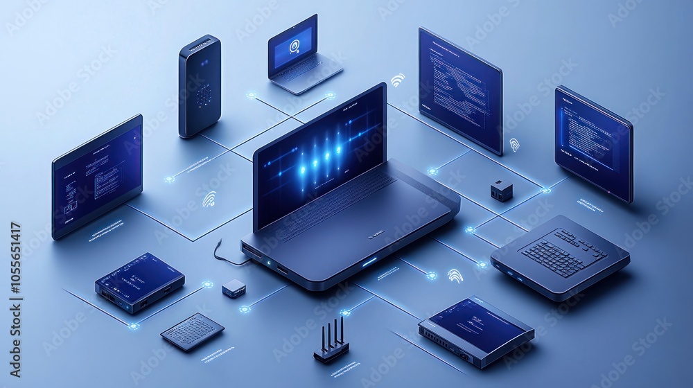 Network of Connected Devices on a Blue Background Network of Connected Devices on a Blue Background