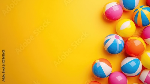 Vibrant beach balls on a bright yellow backdrop for a summer adventure and enjoyment theme photo