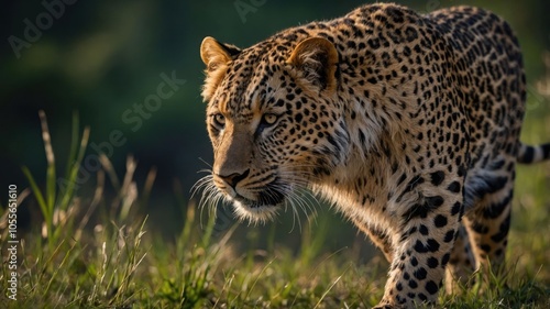 A close-up of a leopard prowling through grass, showcasing its striking coat and focused demeanor.