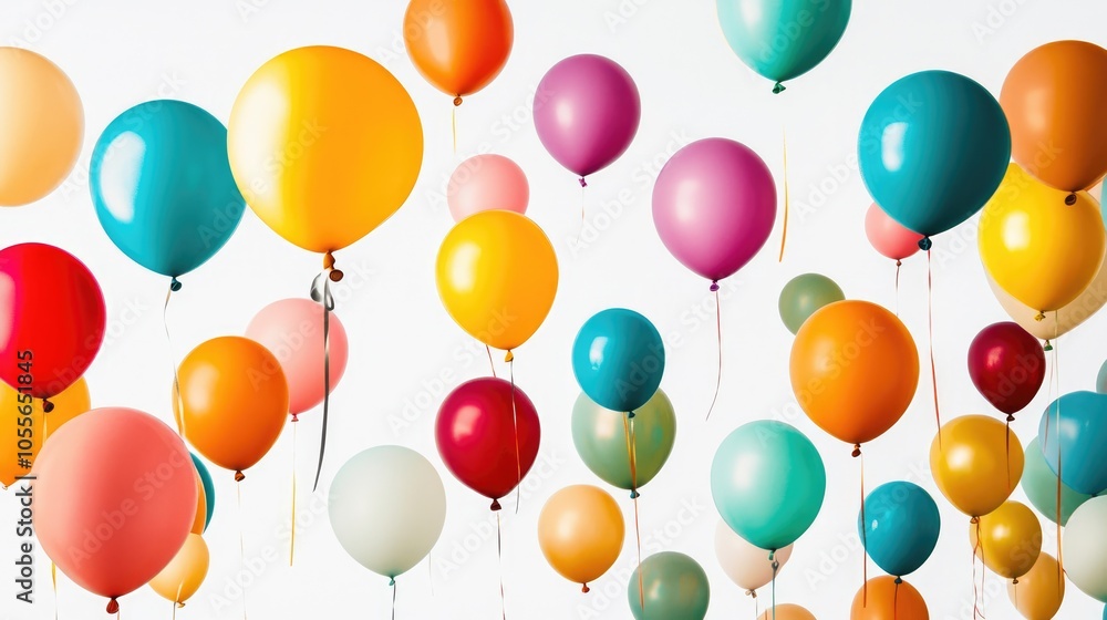 Colorful balloons soaring into the sky against a white backdrop Colorful balloons soaring into the sky against a white backdrop