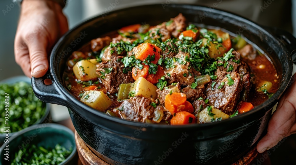 A delicious beef stew with carrots and potatoes in a black pot is captured, exuding rich and vibrant colors that highlight its flavorful appeal. A delicious beef stew with carrots and potatoes in a black pot is captured, exuding rich and vibrant colors that highlight its flavorful appeal.