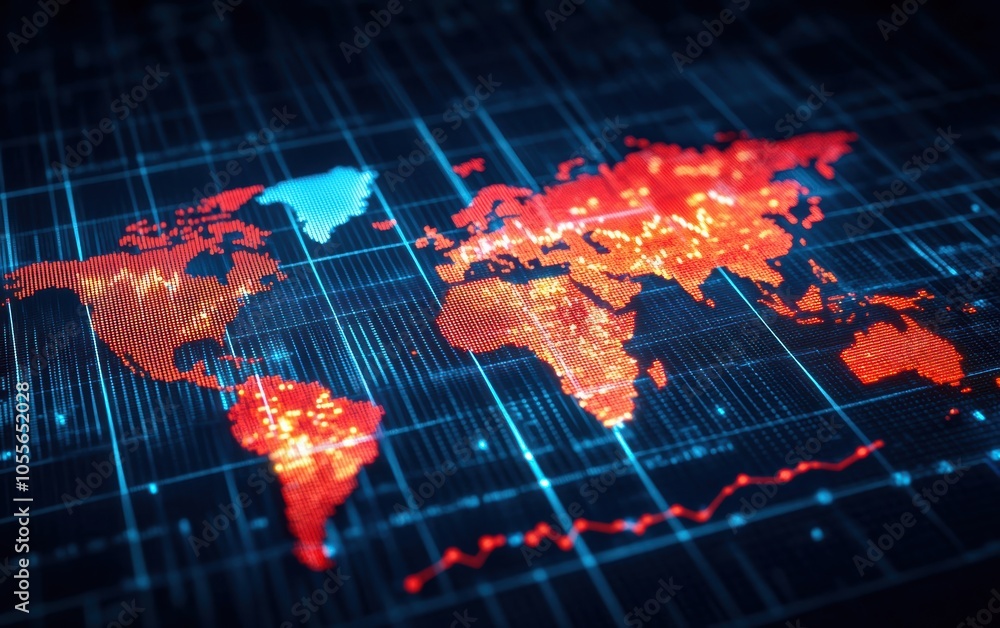 Fototapeta premium A digital world map illustration showcasing vibrant data visualizations and glowing elements, perfect for technology and global connectivity themes.