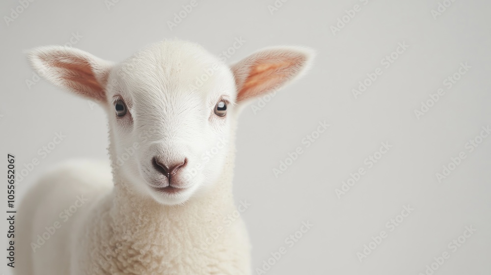 Adorable close up of a small white lamb s face against a plain background Adorable close up of a small white lamb s face against a plain background