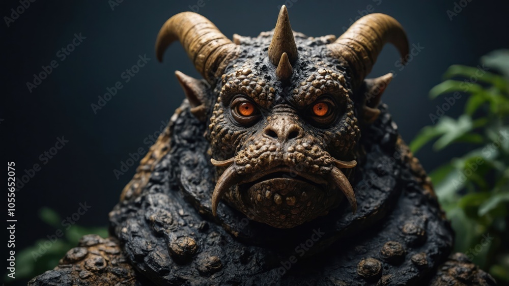 A detailed sculpture of a mythical creature with horns and textured skin. A detailed sculpture of a mythical creature with horns and textured skin.