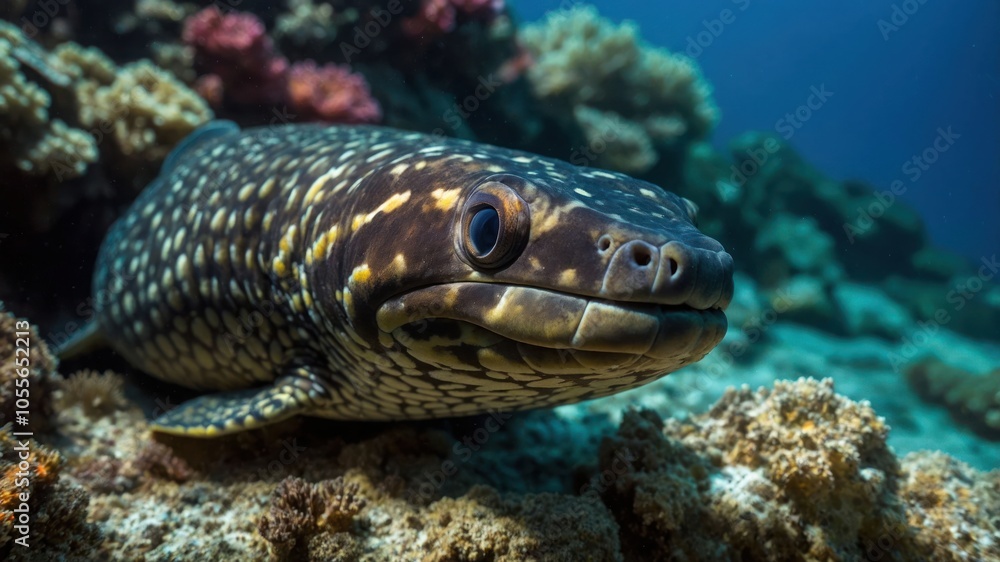 A close-up of a fish with a patterned body swimming near coral reefs. A close-up of a fish with a patterned body swimming near coral reefs.