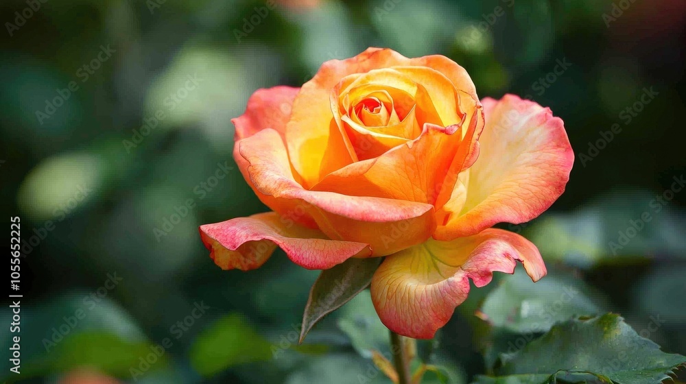 Closeup Of A Blooming Orange And Yellow Rose In Garden Closeup Of A Blooming Orange And Yellow Rose In Garden