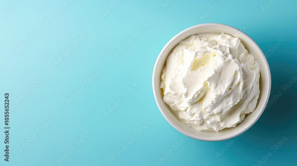 Top view of a bowl filled with white quark or cream against a blue background featuring ample copy space Top view of a bowl filled with white quark or cream against a blue background featuring ample copy space