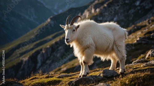 A mountain goat stands on rocky terrain, showcasing its thick white fur against a scenic backdrop. photo