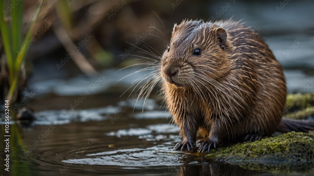 A close-up of a furry animal near water, showcasing its features and natural habitat. A close-up of a furry animal near water, showcasing its features and natural habitat.