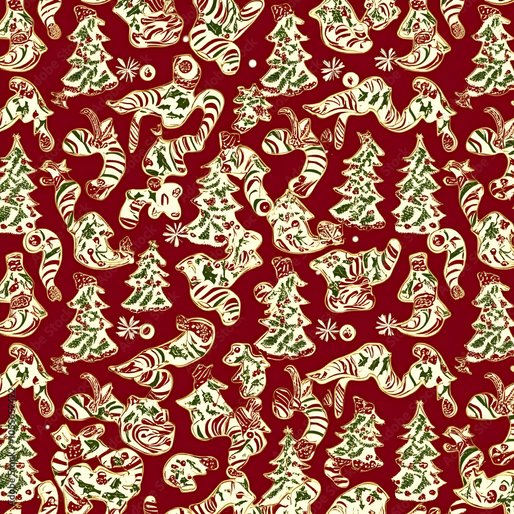 A festive pattern featuring Christmas trees, candy canes, and holiday elements on a red background. A festive pattern featuring Christmas trees, candy canes, and holiday elements on a red background.