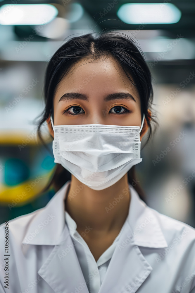 Female researcher with face mask in modern lab. Generative AI image