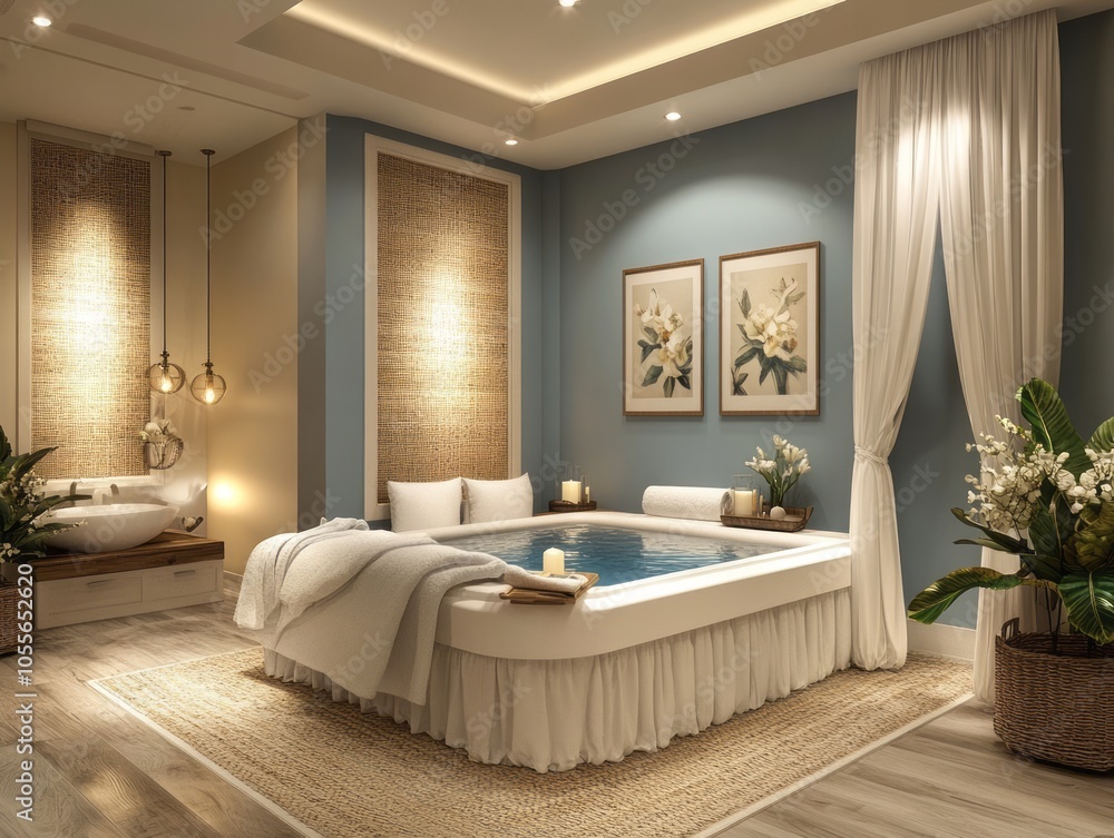 Sky blue accent walls with neutral tones and soft lighting evoke a tranquil, rejuvenating spa experience Sky blue accent walls with neutral tones and soft lighting evoke a tranquil, rejuvenating spa experience