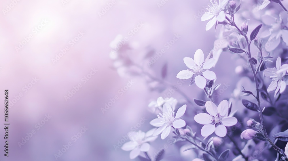 Soft focus close up of spring flowers in a blooming forest against a light violet background An elegant delicate floral composition suitable for a wallpaper template Soft focus close up of spring flowers in a blooming forest against a light violet background An elegant delicate floral composition suitable for a wallpaper template
