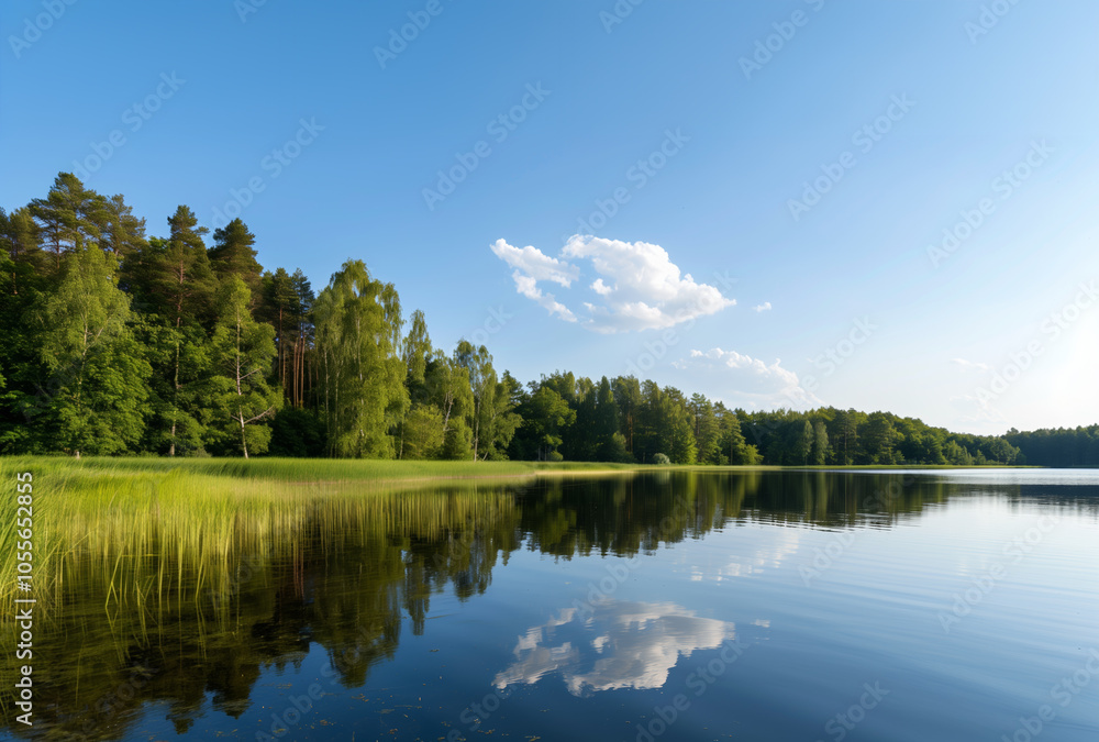 Serene lake surrounded by lush forests under blue sky. Generative AI image Serene lake surrounded by lush forests under blue sky. Generative AI image