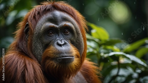 A close-up of an orangutan in a lush green environment, showcasing its expressive face.