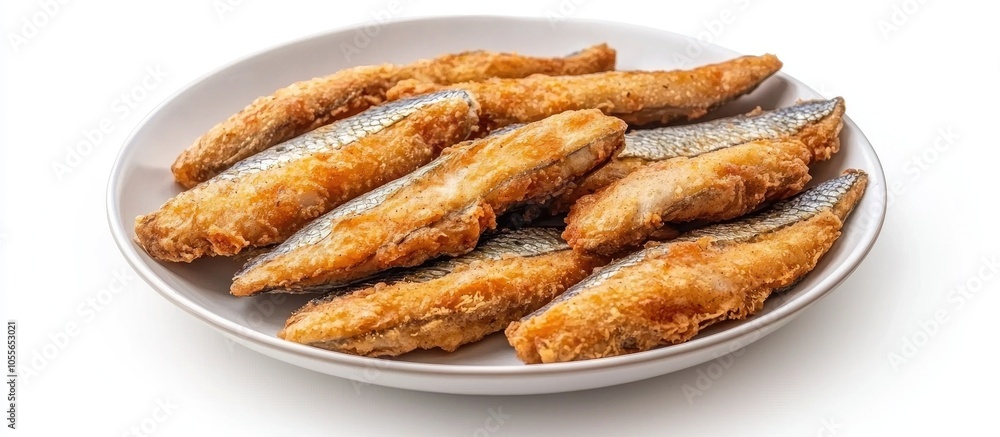 Crispy Fried Mackerels Placed In A Round Plate On A White Background Crispy Fried Mackerels Placed In A Round Plate On A White Background
