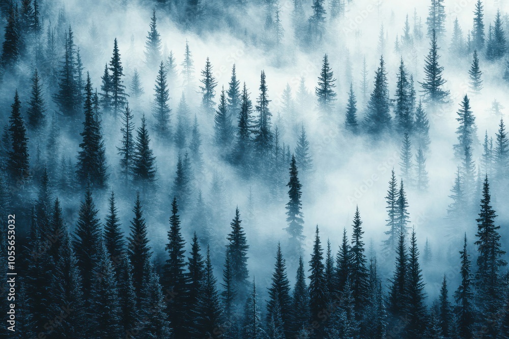 A serene landscape of dense pine trees shrouded in thick fog, creating a mysterious atmosphere. Nature's tranquility captured beautifully.
