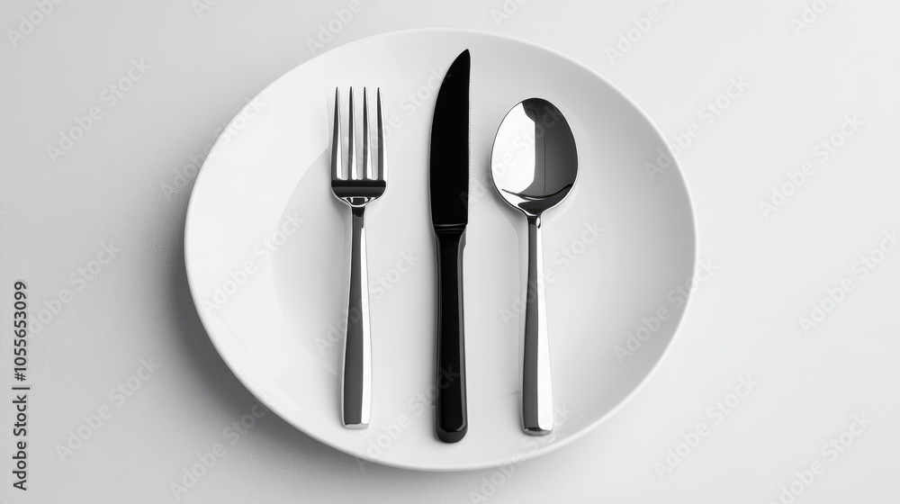 Isolated utensils including a fork spoon and knife placed on a plate Isolated utensils including a fork spoon and knife placed on a plate