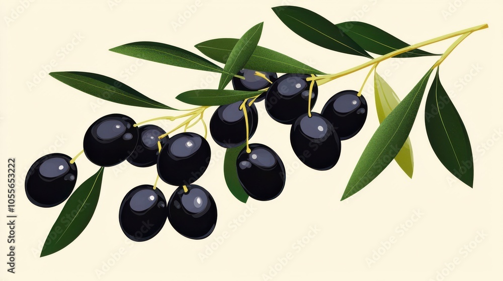 A vibrant illustration of a branch featuring ripe black olives surrounded by lush green leaves, perfect for culinary and natural themes. A vibrant illustration of a branch featuring ripe black olives surrounded by lush green leaves, perfect for culinary and natural themes.