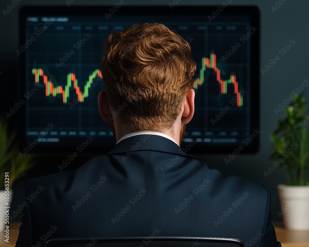 Business professional analyzing market data on a computer screen with financial graphs and charts. Focused and analytical. Business professional analyzing market data on a computer screen with financial graphs and charts. Focused and analytical.