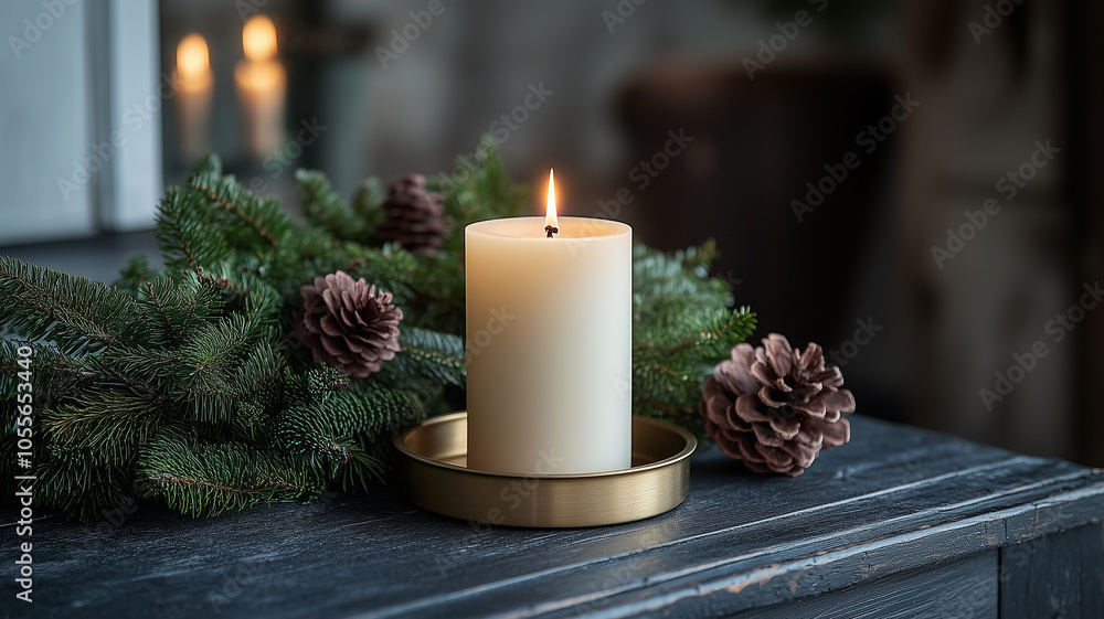 A warm flickering candle on a brass holder surrounded by pinecones and evergreen foliage A warm flickering candle on a brass holder surrounded by pinecones and evergreen foliage