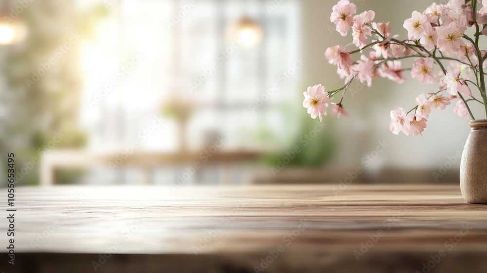 Tabletop adorned with flowers set against a softly blurred backdrop of a warm and inviting room offering ample copy space Tabletop adorned with flowers set against a softly blurred backdrop of a warm and inviting room offering ample copy space