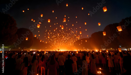 A crowd of people is releasing glowing lanterns into the sky in celebration of Vesak Day. photo