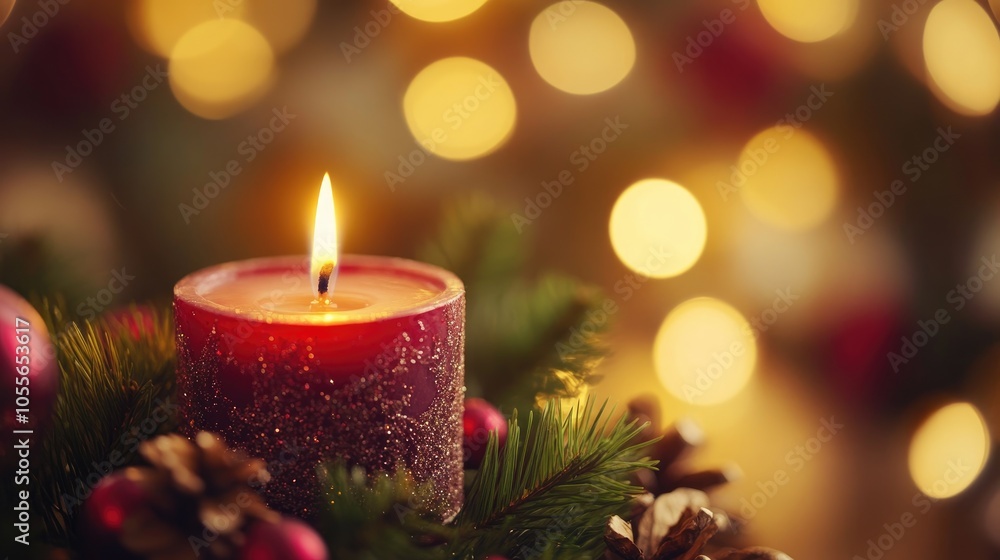 Candle glowing in festive decor with a soft blurred backdrop Candle glowing in festive decor with a soft blurred backdrop