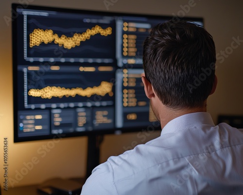 Professional man analyzes financial data on multiple screens, showcasing stock trends and analytics in a modern office setting.