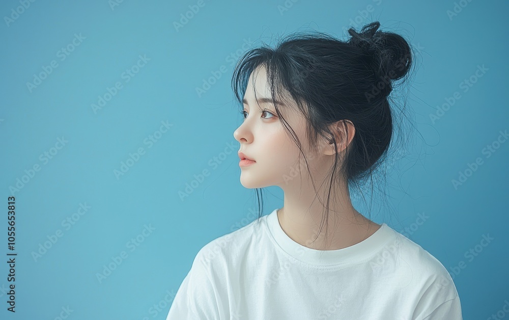A young woman gazes thoughtfully against a soft blue background, showcasing natural beauty and serene expression. A young woman gazes thoughtfully against a soft blue background, showcasing natural beauty and serene expression.
