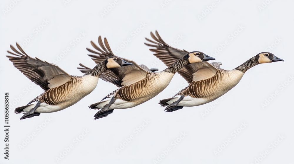Three Nene Geese in Flight Against a White Background Three Nene Geese in Flight Against a White Background